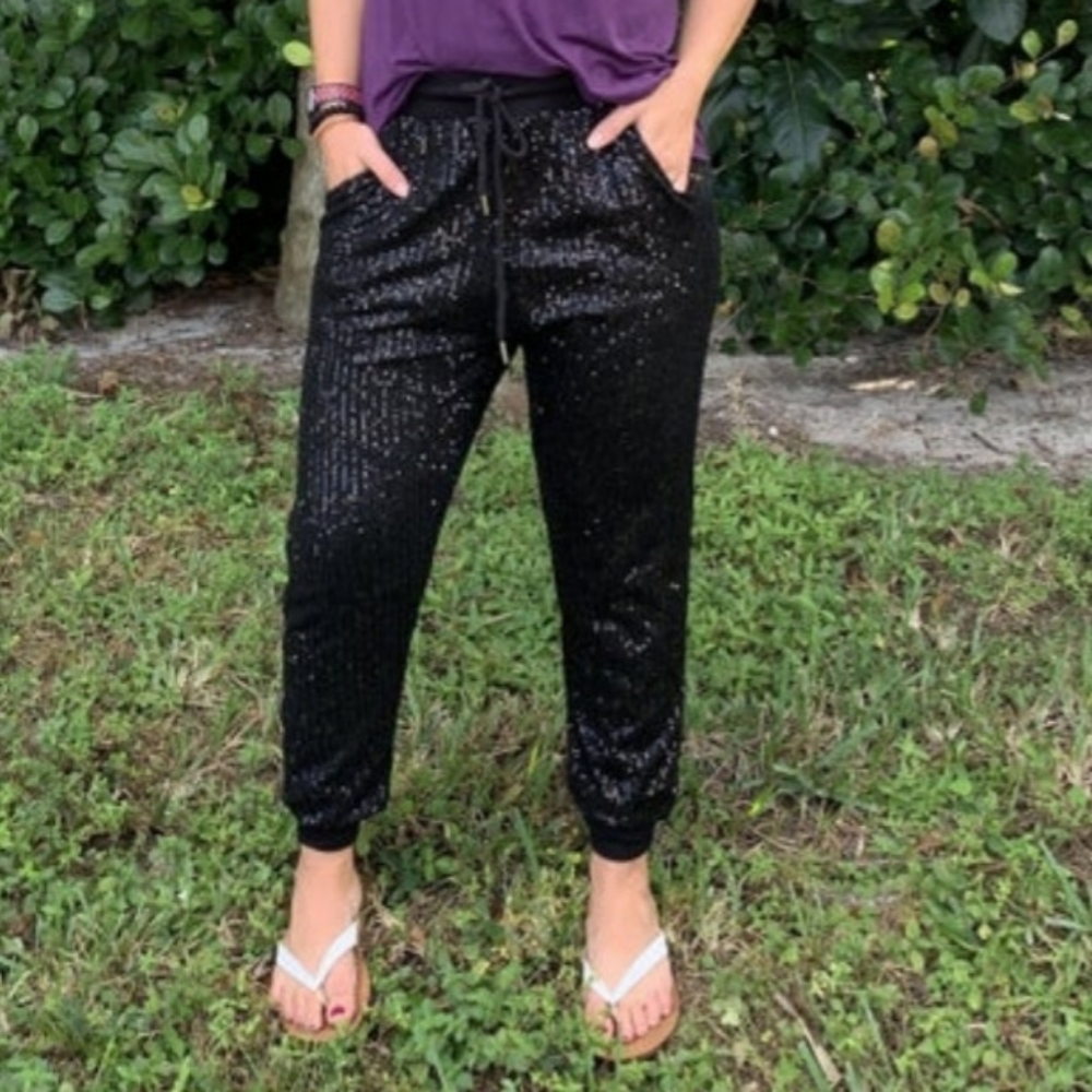 Saints & Hearts black sequin joggers size 2x